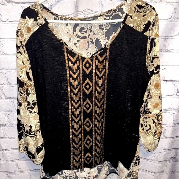 Miss Me Tops - Miss Me Black Gold Floral Paisley Sequin VNeck Tunic Blouse Long Sleeve Sz Large